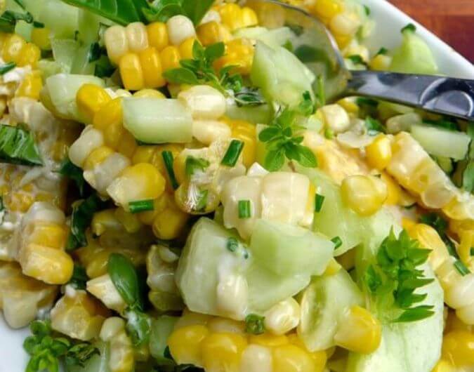 16. Basil Chive Cucumber & Corn Salad