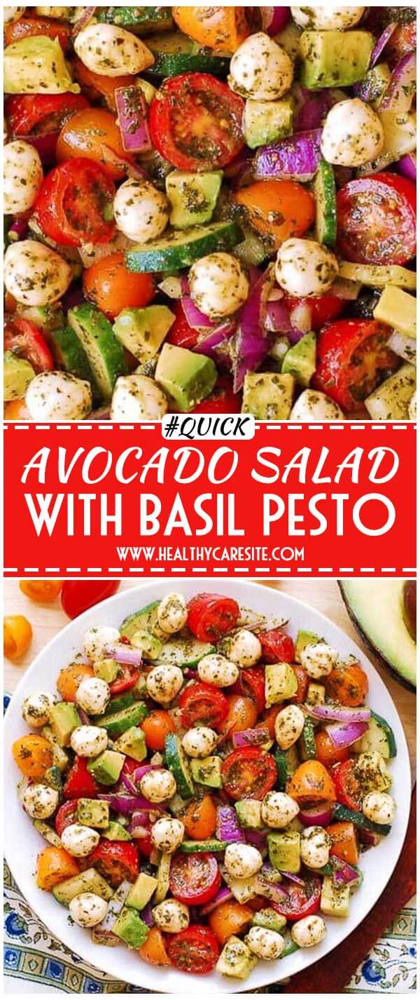 Avocado Salad with Tomatoes, Mozzarella, Cucumber, Red Onions, and Basil Pesto