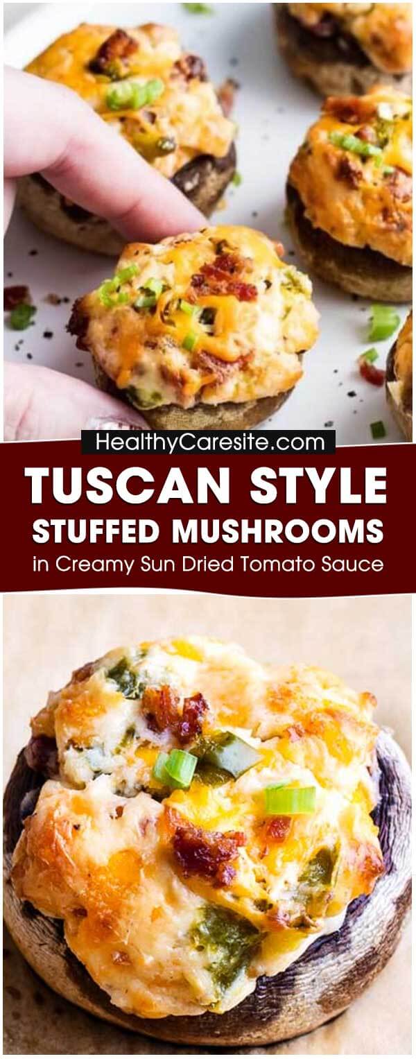 Tuscan Style Stuffed Mushrooms In Creamy Sun Dried Tomato Sauce